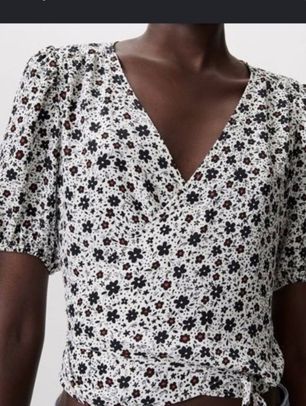 Zara White Floral Wrap Crop Top with Black & Red Flowers